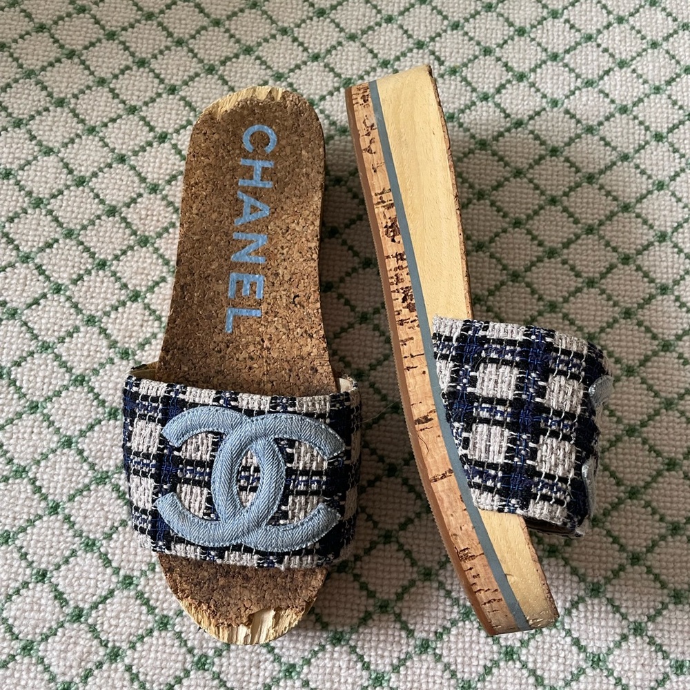 CHANEL Blue and Black Plaid Sandals